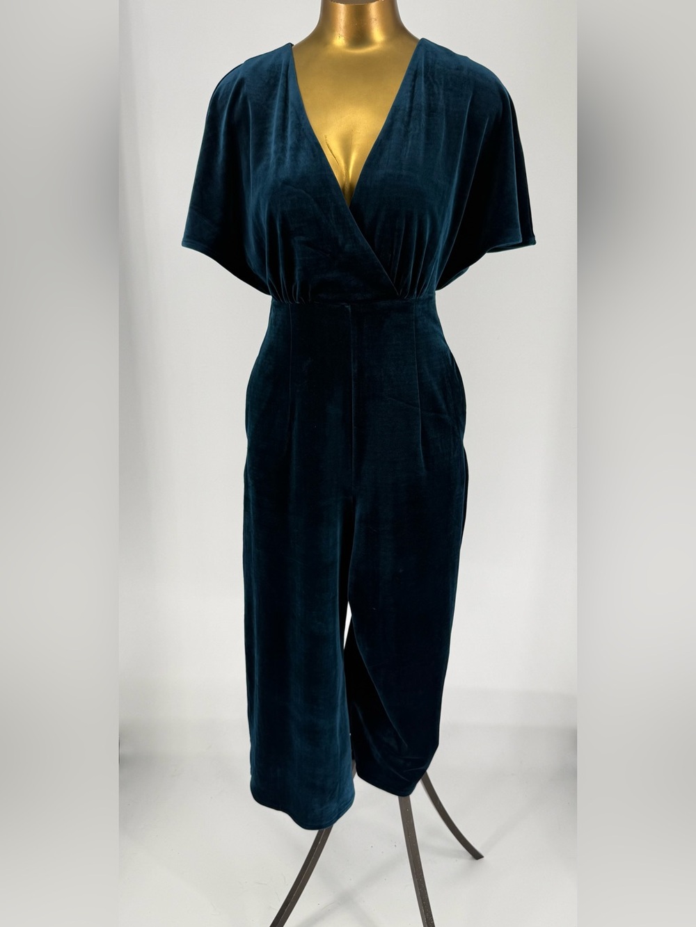 CeCe Velvet Deep Teal Jumpsuit Women's Evening Wear Wide Cropped Leg Size SP